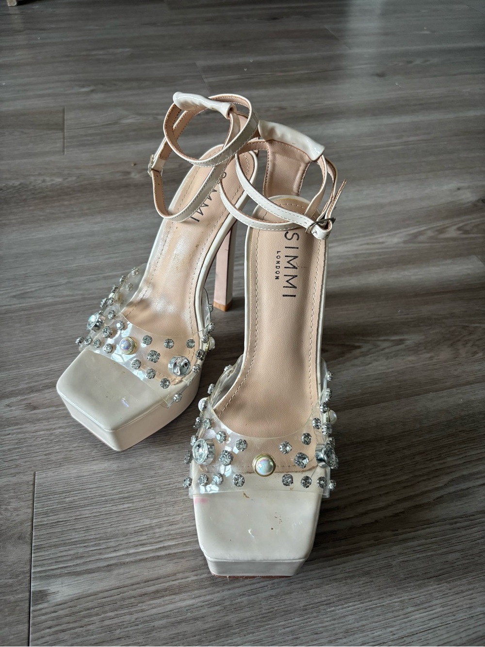 SIMMI London Nude Jeweled Platform Heels with Ankle Strap